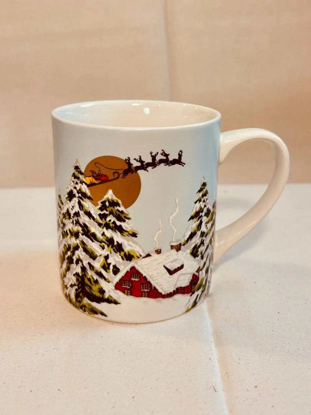 Williams Sonoma Christmas Mug Santa Sleigh Deer Snowy Cabin Winter Holiday